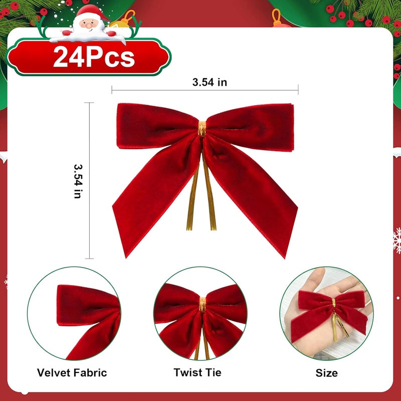 CCILAND Store 24 Pcs Red Small Velvet Bows for Christmas Tree, 3.54 Inch Mini Christmas Bows for Gift Wrapping, Twist Tie Velvet Bows Xmas Ornaments for Wreath, Crafts, Party, Wedding - Image 2